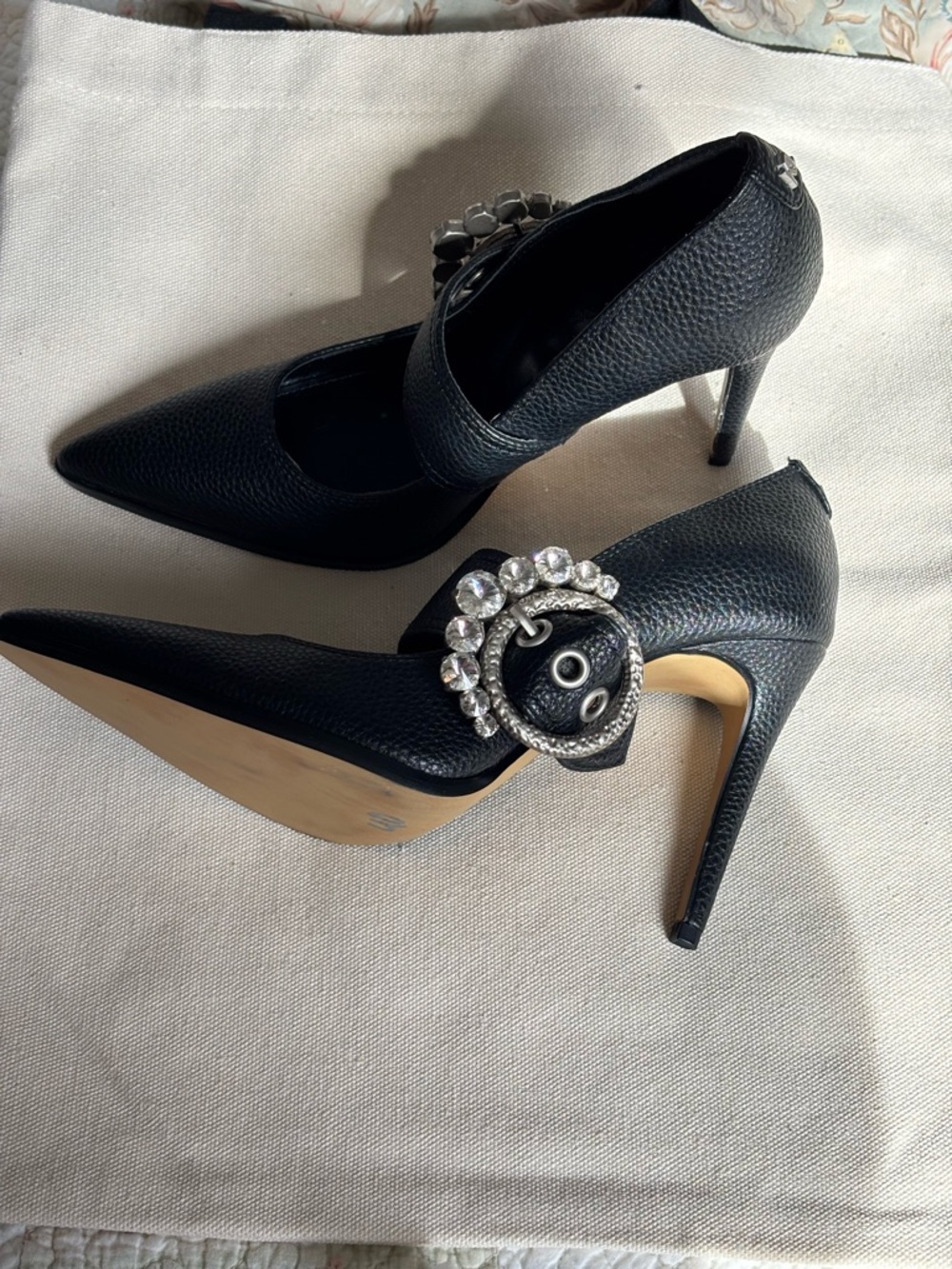 Karl Lagerfeld Black Pointed Mary Jane Pumps with Crystal Accent Strap NWOT